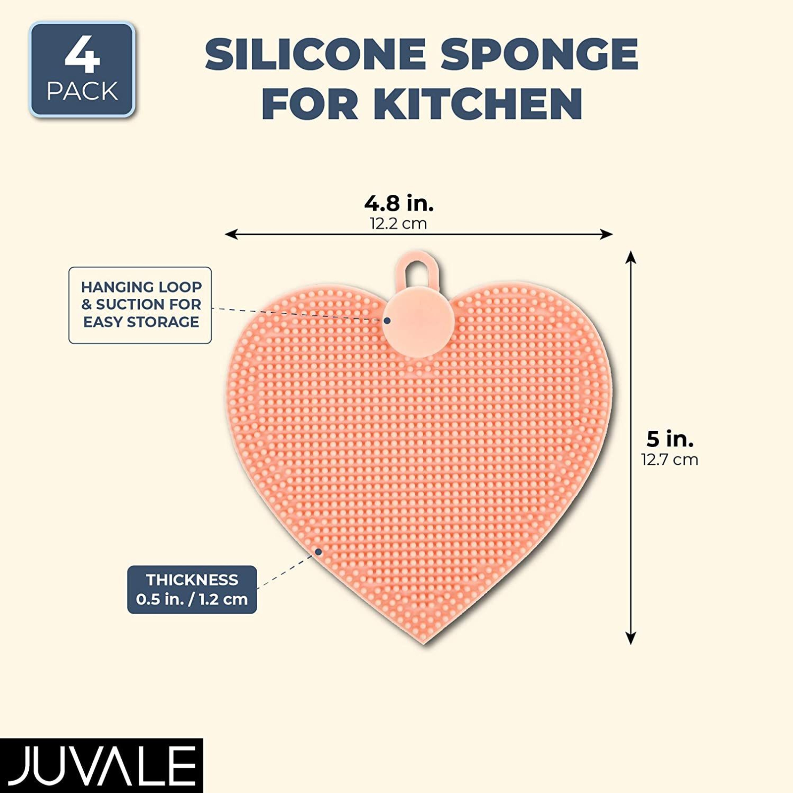 Juvale Silicone 4-Pack Pink Heart Kitchen Sponge, 4.8 x 5 inch, Size: 4.8 x 5 x 0.5